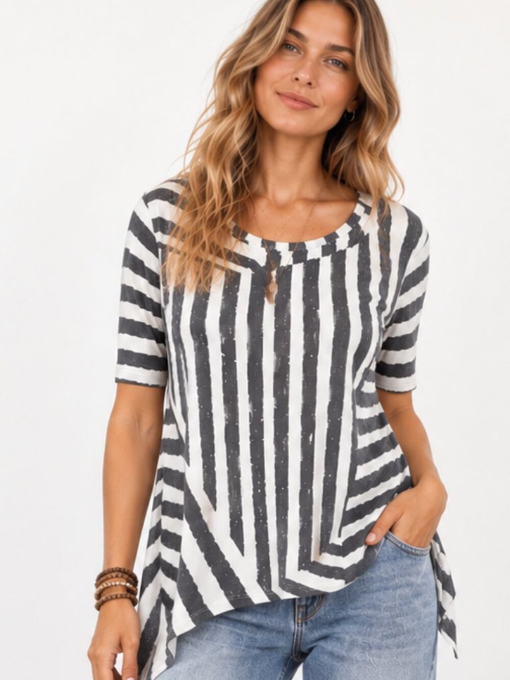 ANTHROPOLOGIE Ella Moss Slub Knit Boxy Geo Print Gray Off-white Top S EUC